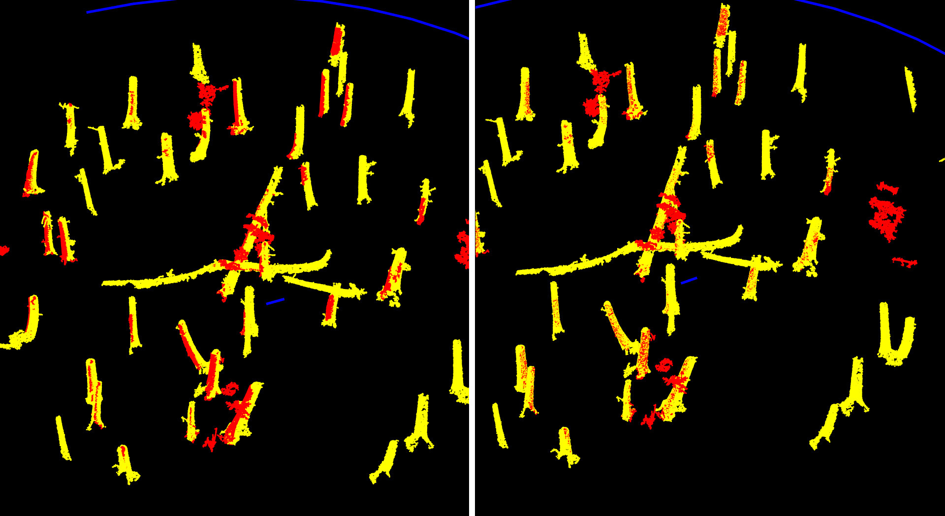Tree matching before (left) and after (right) extra fine alignment. We gained a few extra centimeters of translation and a few arcminutes of rotation.