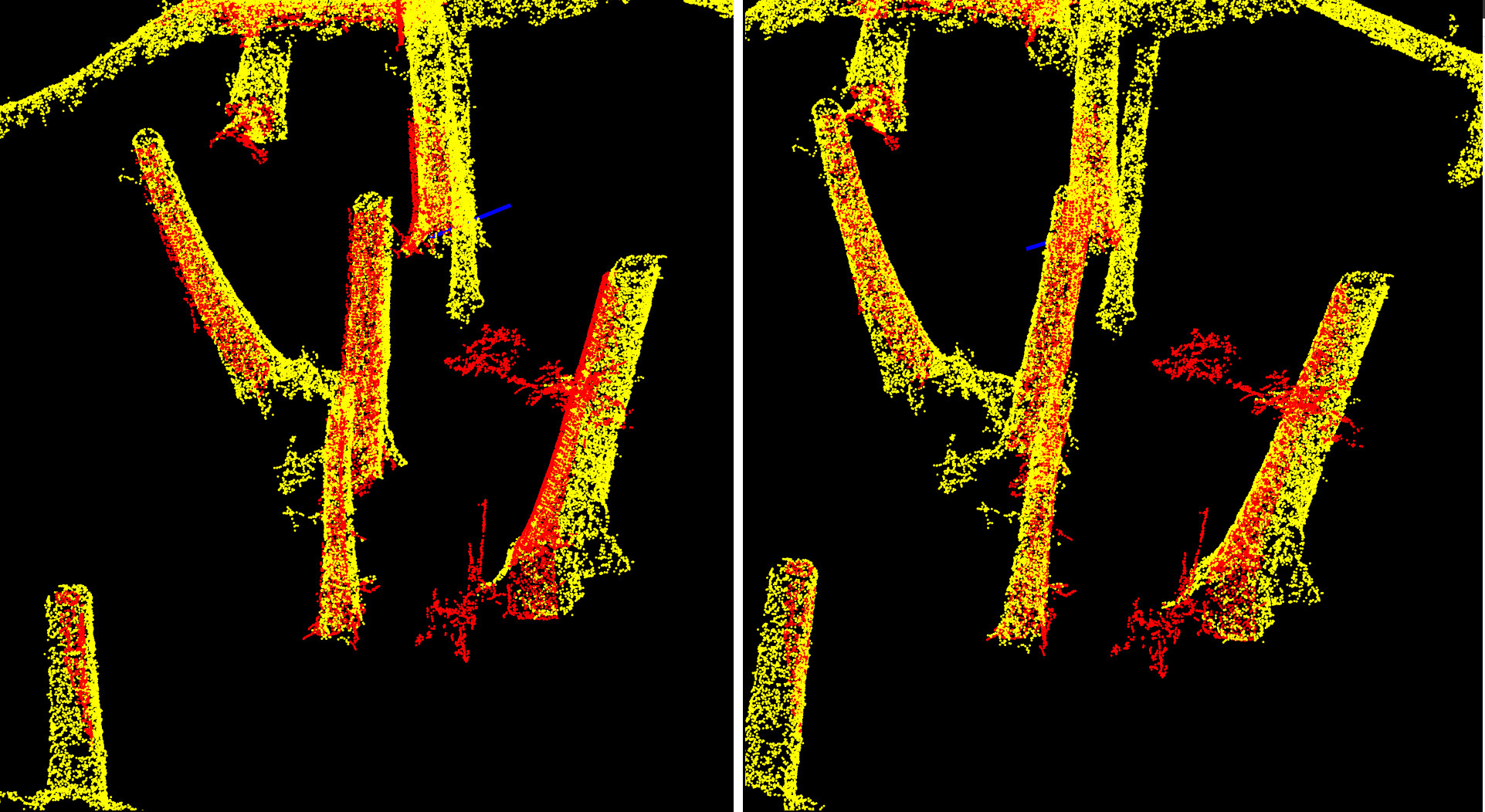 Tree matching before (left) and after (right) extra fine alignment. We gained a few extra centimeters of translation and a few arcminutes of rotation.