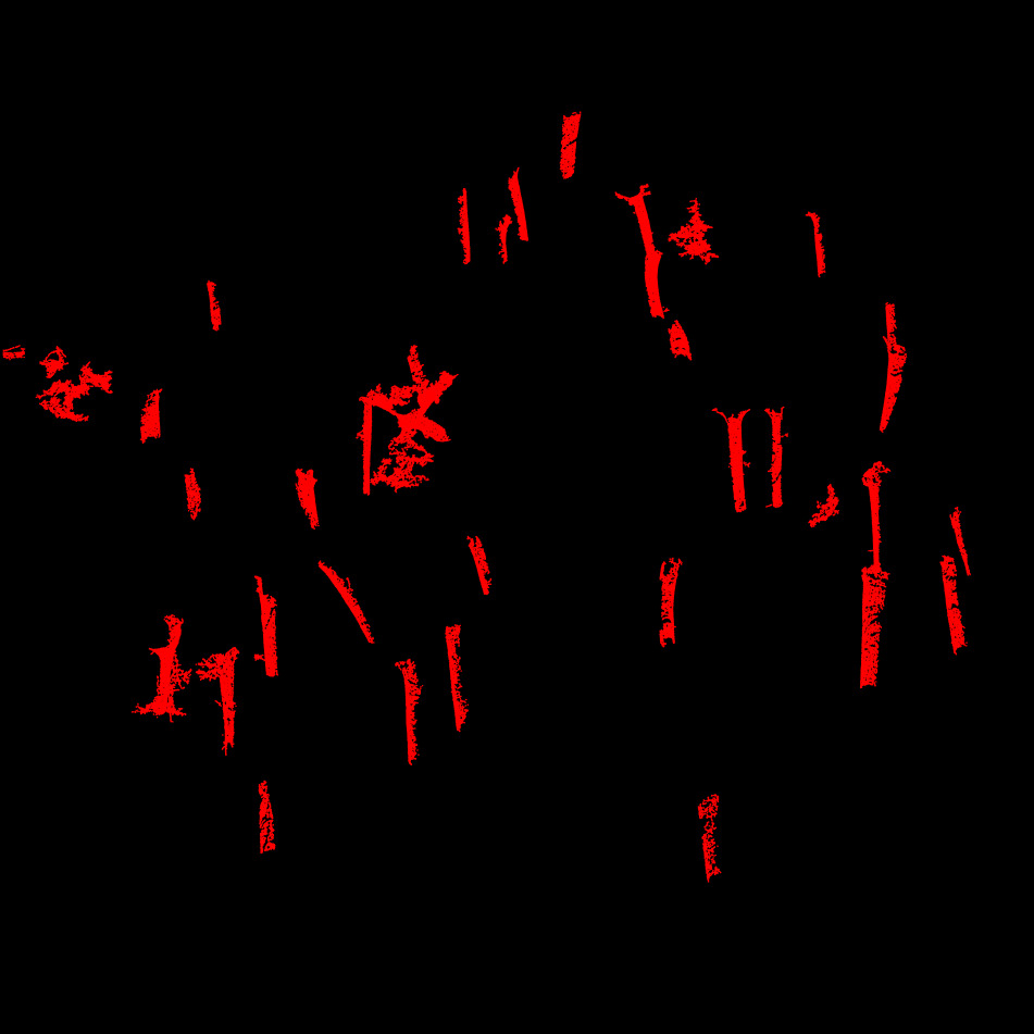 The 50 main anisotropic features extracted from each point cloud. As expected, they do not match perfectly, primarily due to the low quality of the TLS data, which suffers from significant occlusion, cast shadows and lack of scan positions (here 5 scans). Despite this, we typically have enough structure to perform a reliable alignment. In practice, even just three matching features would be sufficient for a registration in this context.